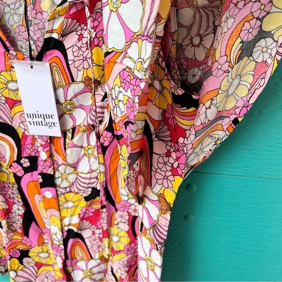 Unique Vintage Pink & Yellow Mod Floral Cecilia Blouse Size Medium NWT - Picture 7 of 11